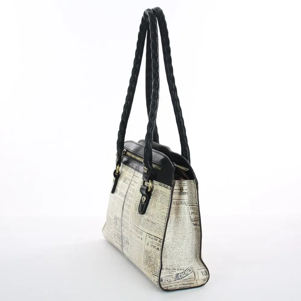 Patricia Nash Calvi Satchel Newspaper Print Leather Shoulder Bag - Picture 3 of 10